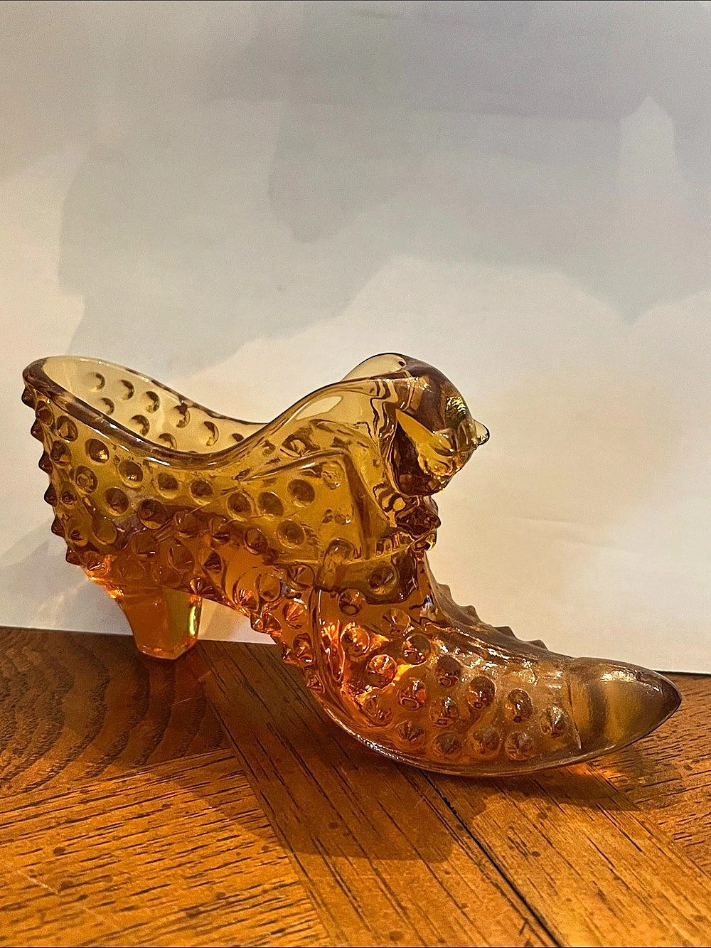 Fenton Hobnail Amber Glass Cat Head Shoe Slipper